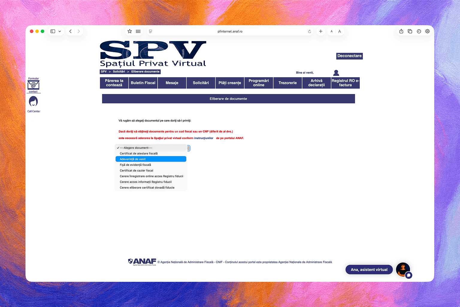 Adeverința de venit se găsește în secțiunea "Solicitări" -> "Eliberare documente" -> "Adeverință de venit"